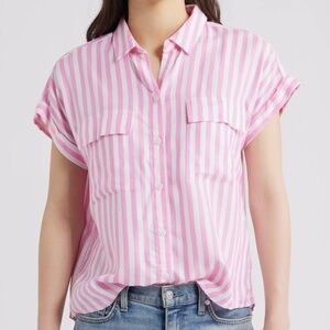 BeachLunchLounge Kaiana Stripe Short Sleeve Button-Up Shirt Pink Size Medium